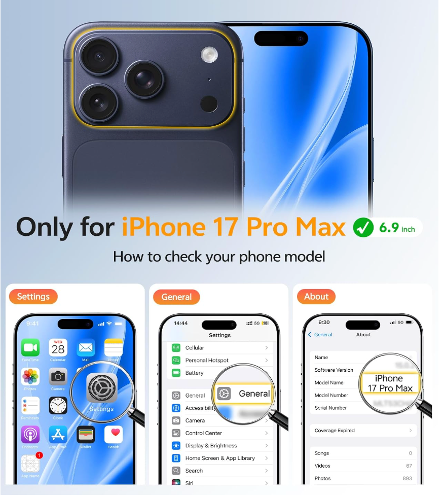Promotional graphic for an iPhone 17 Pro Max phone case, showing the back and front of a blue iPhone with a gold-toned case border. Text reads 'Only for iPhone 17 Pro Max 6.