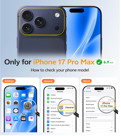 Promotional graphic for an iPhone 17 Pro Max phone case, showing the back and front of a blue iPhone with a gold-toned case border. Text reads 'Only for iPhone 17 Pro Max 6.