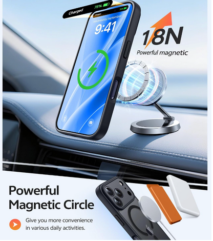 A magnetic phone mount holding a smartphone on a car dashboard, with promotional text including 'Powerful Magnetic Circle' and '18N Powerful magnetic.' The scene includes close-up product renderings of the mount and charging accessories, and the phone screen content is excluded from product color decisions.