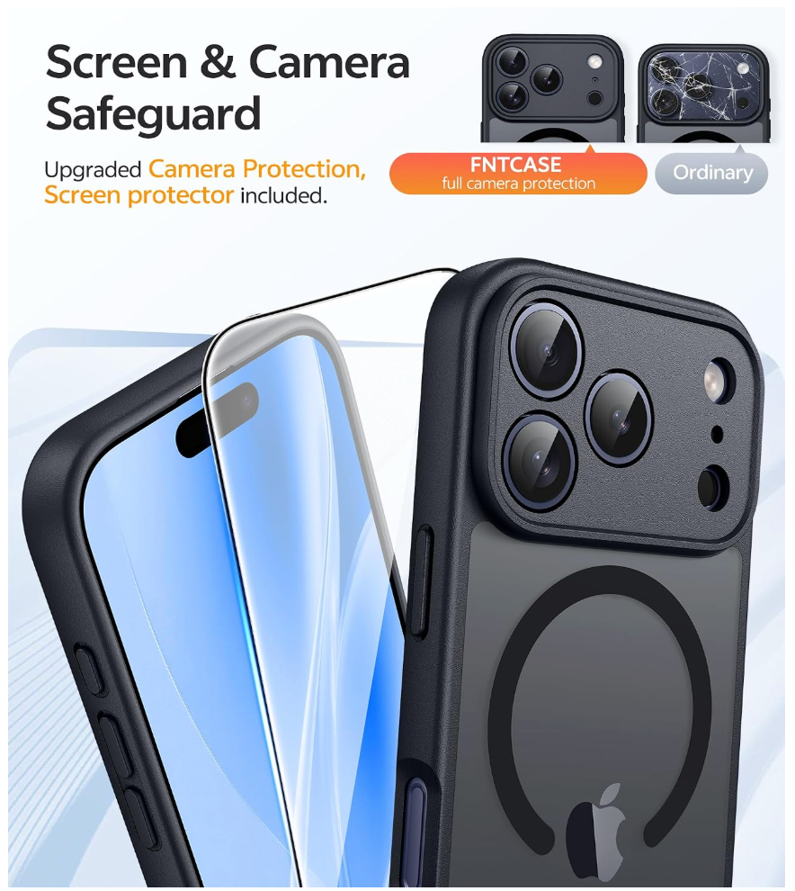 Black phone case with a raised camera bumper and MagSafe ring, shown alongside a clear screen protector and a cracked comparison case. Text reads 'Screen & Camera Safeguard' and 'Upgraded Camera Protection, Screen protector included.