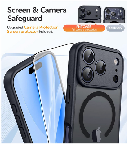 Black phone case with a raised camera bumper and MagSafe ring, shown alongside a clear screen protector and a cracked comparison case. Text reads 'Screen & Camera Safeguard' and 'Upgraded Camera Protection, Screen protector included.