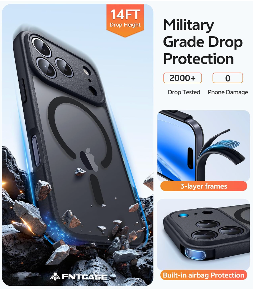 Black magnetic phone case with drop protection and 3-layer frame design, shown with promotional text and feature callouts on a light blue graphic background.