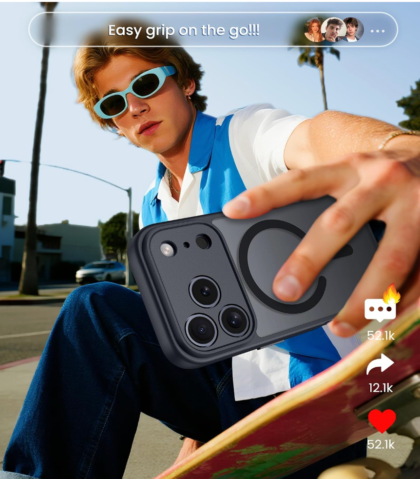 A close-up of a person holding a dark gray MagSafe-compatible smartphone case while sitting on a skateboard outdoors. The person wears blue sunglasses, a white shirt, and a blue vest, with palm trees and a street visible in the background.