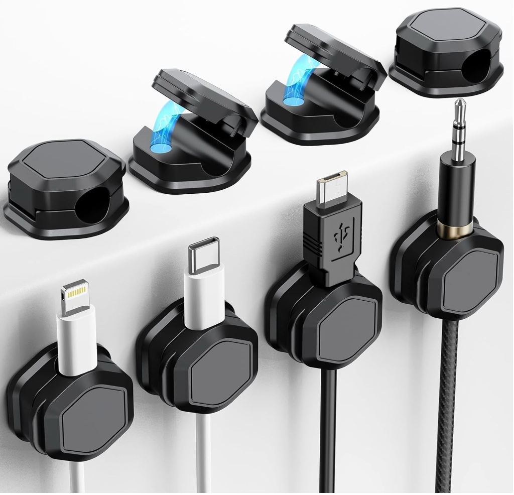 Set of cable organizers with different connectors on a white background