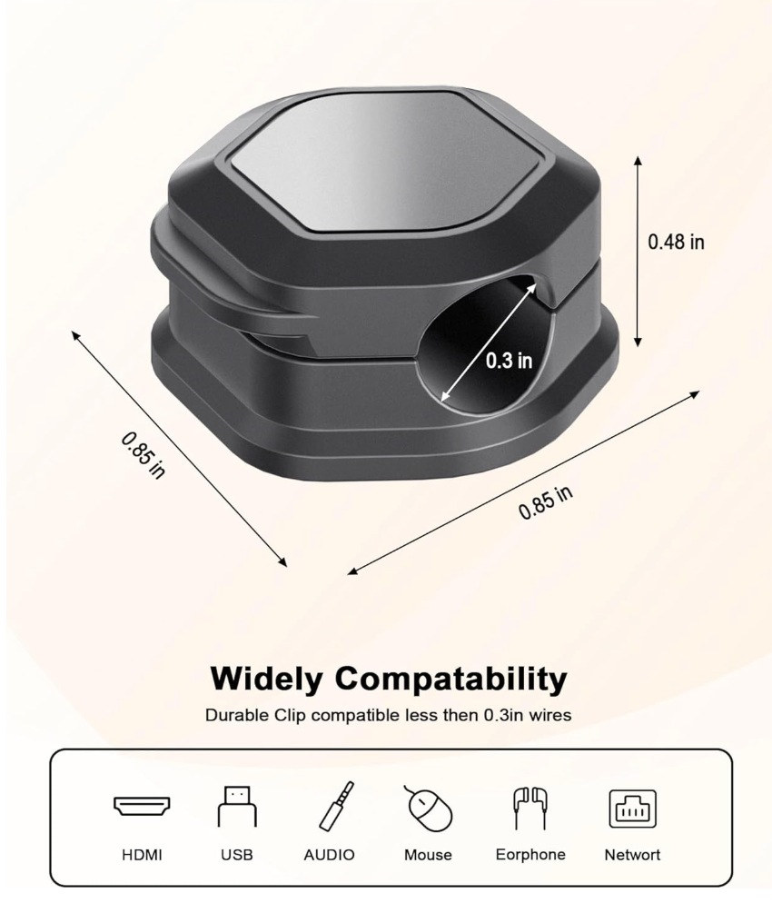 Product dimensions diagram showing a black hexagonal clip device with labeled measurements in inches, plus compatibility icons for HDMI, USB, Audio, Mouse, Earphone, and Network under the heading 'Widely Compatibility'.