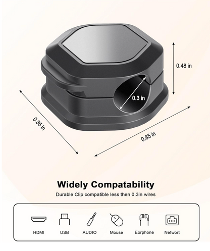 Product dimensions diagram showing a black hexagonal clip device with labeled measurements in inches, plus compatibility icons for HDMI, USB, Audio, Mouse, Earphone, and Network under the heading 'Widely Compatibility'.