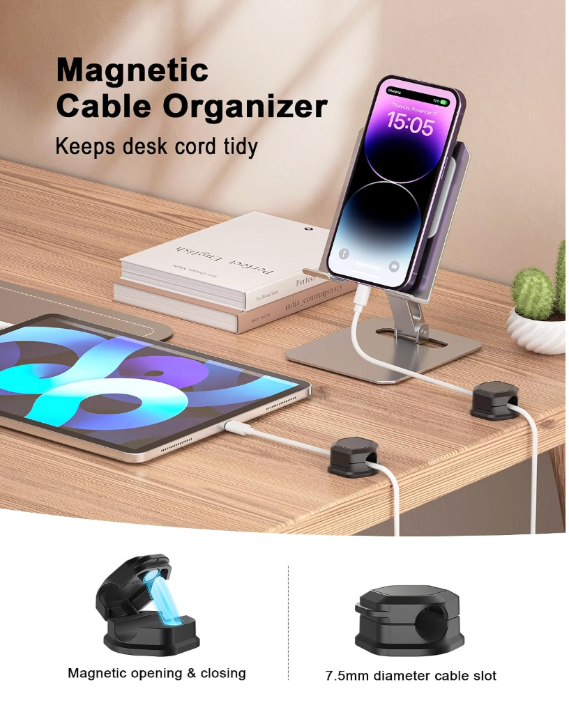 Magnetic cable organizer shown on a wooden desk with a smartphone and tablet, plus two close-up inset views at the bottom illustrating the magnetic opening/closing and 7.5mm cable slot.