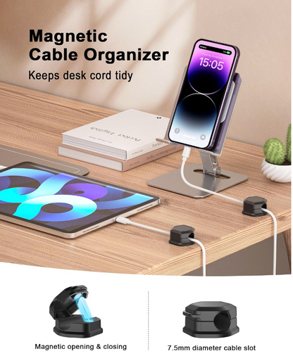 Magnetic cable organizer shown on a wooden desk with a smartphone and tablet, plus two close-up inset views at the bottom illustrating the magnetic opening/closing and 7.5mm cable slot.