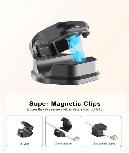 Black magnetic cable clip shown on a light beige background, with a blue glow indicating magnetism. Below, a labeled panel explains the magnetic clip functions: open, pull cable on, and automatic closing.