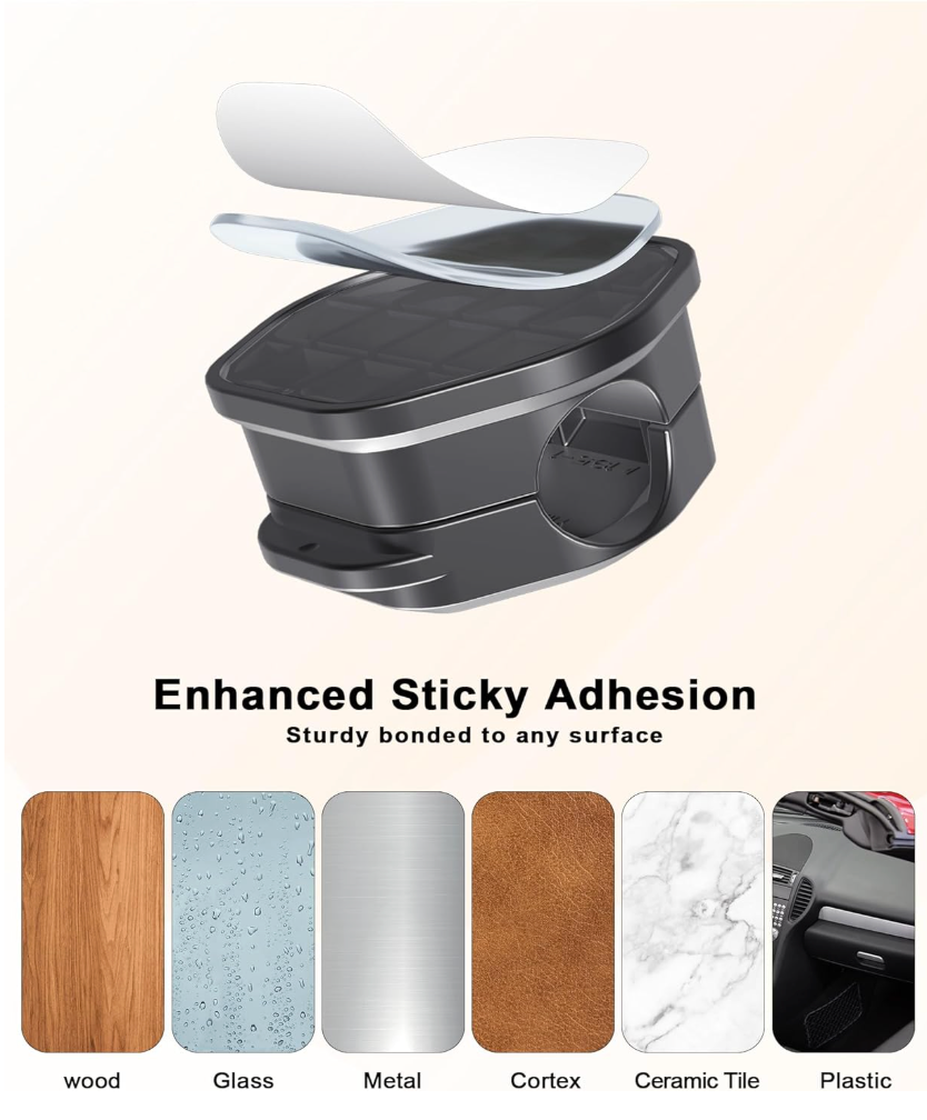A black adhesive bin with a transparent cover shown on a light beige background, with text reading 'Enhanced Sticky Adhesion' and six material sample strips below labeled wood, Glass, Metal, Cortex, Ceramic Tile, and Plastic.