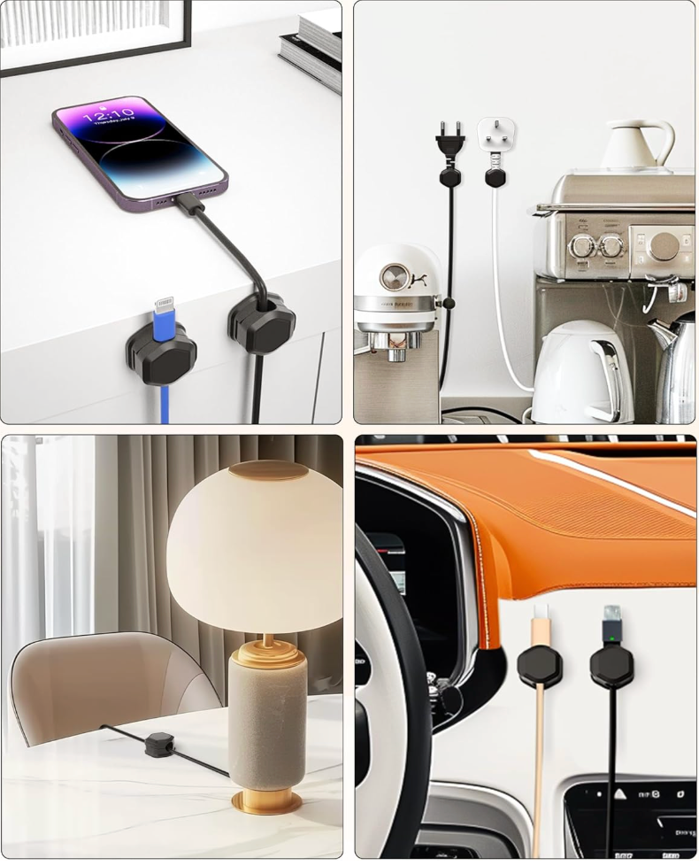 A four-panel collage showing a black wall-mounted cable organizer holding charging and data cables. The panels show the organizer in use on a white desk with a smartphone, in a kitchen setting, beside a table lamp, and in a car interior.