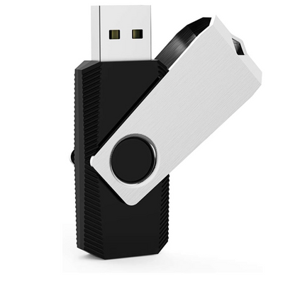 A black and silver USB flash drive with a textured black body and a brushed silver swivel cap, shown on a plain white background.