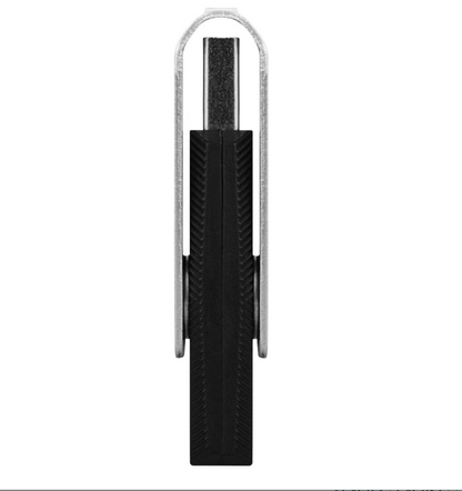 A close-up of a black textured rectangular item with a silver metal loop at the top, shown against a plain white background.
