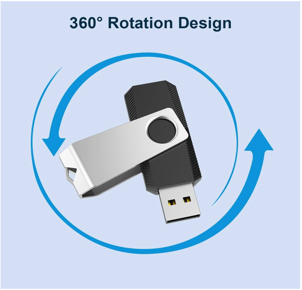 A 360-degree rotation USB flash drive shown on a light blue background with blue arrows and the text '360° Rotation Design.' The flash drive has a silver metallic body and a black textured side.