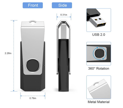 A product infographic showing a USB flash drive from the front, side, and close-up details. The flash drive has a silver and black design with a swivel top, and the image includes dimension labels (2.