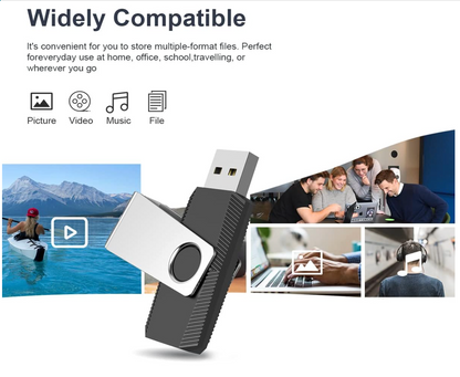 A black and silver USB flash drive shown on a white promotional graphic with the headline 'Widely Compatible,' descriptive text, and small lifestyle photos of people using files and media.
