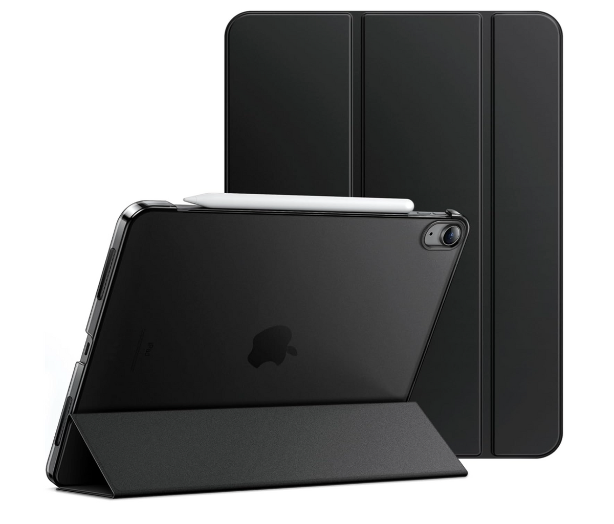 A black protective iPad case shown in two views: one standing as a kickstand with a white stylus inserted, and another closed view behind it, on a plain white background.