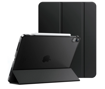 A black protective iPad case shown in two views: one standing as a kickstand with a white stylus inserted, and another closed view behind it, on a plain white background.
