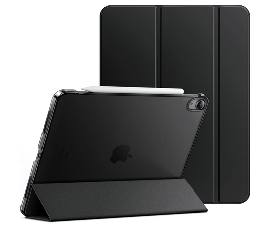 A black protective iPad case shown in two views: one standing as a kickstand with a white stylus inserted, and another closed view behind it, on a plain white background.