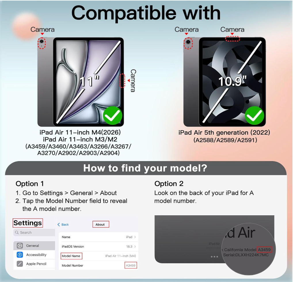 Compatibility chart for an iPad Air 11-inch model, showing two iPad Air versions with camera labels and a 'How to find your model?' guide with settings instructions.