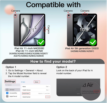 Compatibility chart for an iPad Air 11-inch model, showing two iPad Air versions with camera labels and a 'How to find your model?' guide with settings instructions.