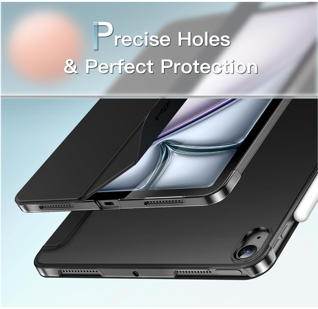 A black protective case for an iPad shown at an angle with a transparent screen protector partially lifted over the front. The image includes the text 'Precise Holes & Perfect Protection' on a light blue gradient background.