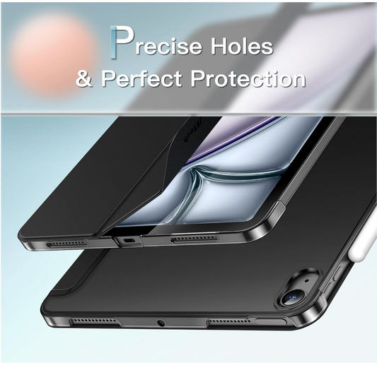 A black protective case for an iPad shown at an angle with a transparent screen protector partially lifted over the front. The image includes the text 'Precise Holes & Perfect Protection' on a light blue gradient background.