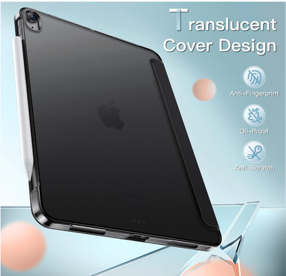 A transparent protective case shown on the back of a black tablet, with marketing text reading 'Translucent Cover Design' and feature icons for anti-fingerprint, oil-proof, and anti-scratch protection.