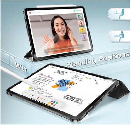 Two black tablet devices shown on a light blue background, each in a different standing position. The top tablet displays a video call with a woman, and the bottom tablet shows a digital whiteboard with a stylus.