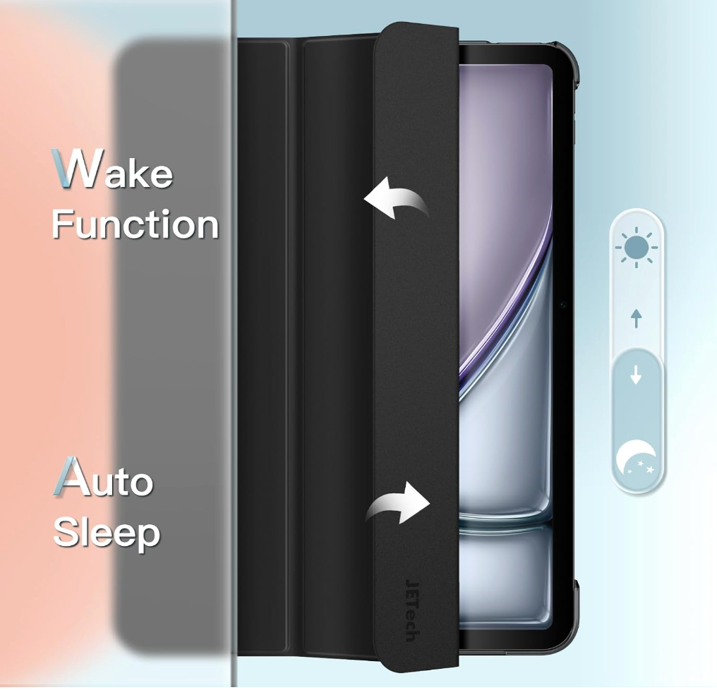 A black Jitech magnetic tablet case shown open, with a smartphone inserted. The image includes text labels 'Wake Function' and 'Auto Sleep' with arrows indicating the foldable screen behavior, plus a small control icon on the right.