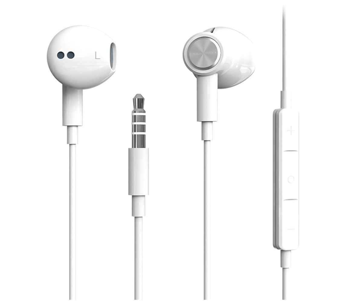 White in-ear wired earphones with a 3.5mm jack, showing the left earbud, right earbud, cable, and inline remote control on a plain white background.