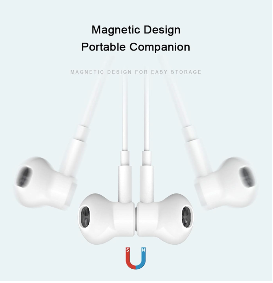 White wired in-ear earphones shown on a pale blue background with marketing text reading 'Magnetic Design Portable Companion' and a small red/blue magnet icon below.