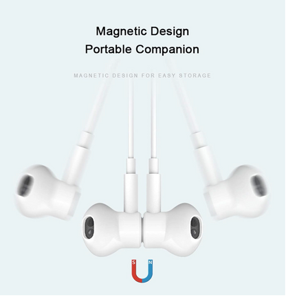 White wired in-ear earphones shown on a pale blue background with marketing text reading 'Magnetic Design Portable Companion' and a small red/blue magnet icon below.