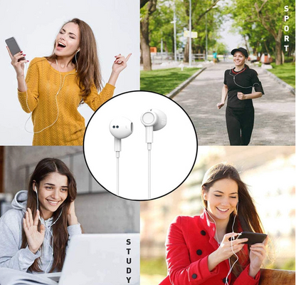 White wired in-ear earphones shown in a central product circle, surrounded by four lifestyle photos of women using the earphones for music, jogging, video calling, and studying.