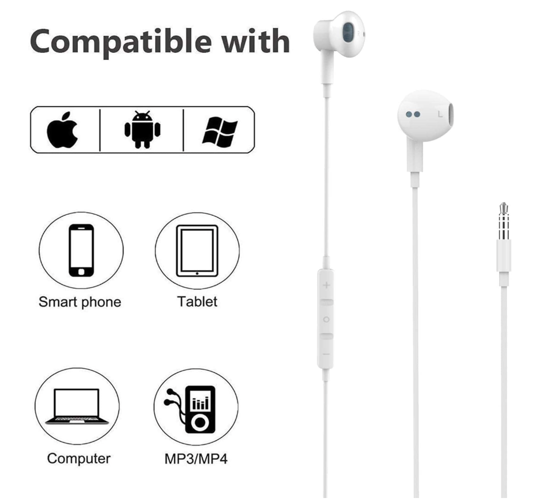 White wired in-ear headphones shown on a light gray background with compatibility icons for Apple, Android, Windows, smartphone, tablet, computer, and MP3/MP4 devices. Text at the top reads 'Compatible with'.