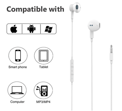 White wired in-ear headphones shown on a light gray background with compatibility icons for Apple, Android, Windows, smartphone, tablet, computer, and MP3/MP4 devices. Text at the top reads 'Compatible with'.