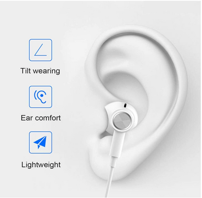 White in-ear earphones shown on a stylized white ear model with feature callouts reading 'Tilt wearing', 'Ear comfort', and 'Lightweight'.