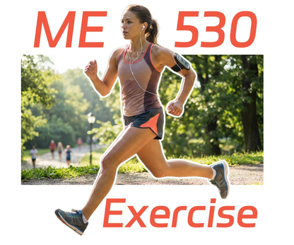 A woman running through a park with large red text reading 'ME 530 Exercise' overlaid on the image. The runner wears a sleeveless athletic top, shorts, and running shoes, with earphones and an armband phone visible.