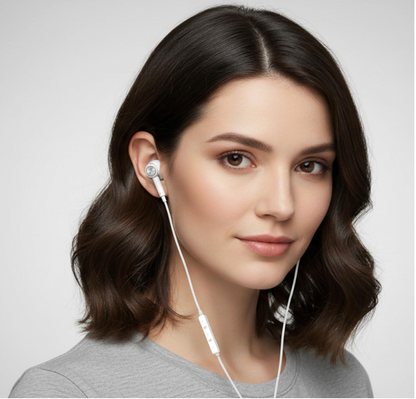 A woman with dark brown wavy hair wearing white in-ear earphones with a white wired inline remote, shown from the chest up against a light gray studio background.