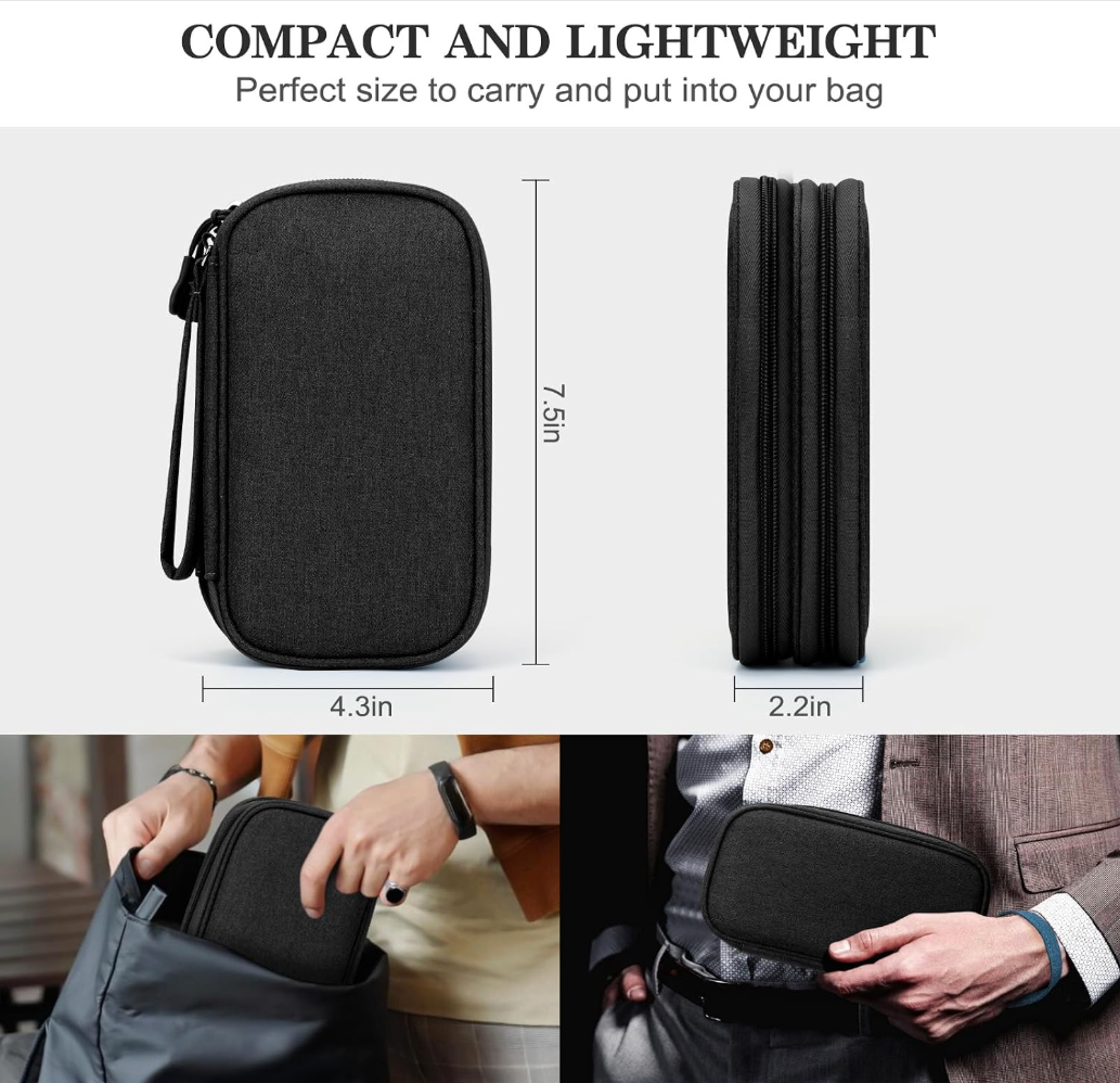 A compact black zippered travel or camera bag shown in a product infographic with dimensions labeled 7.5 in height, 4.