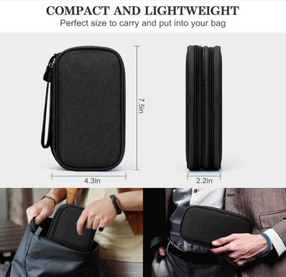 A compact black zippered travel or camera bag shown in a product infographic with dimensions labeled 7.5 in height, 4.