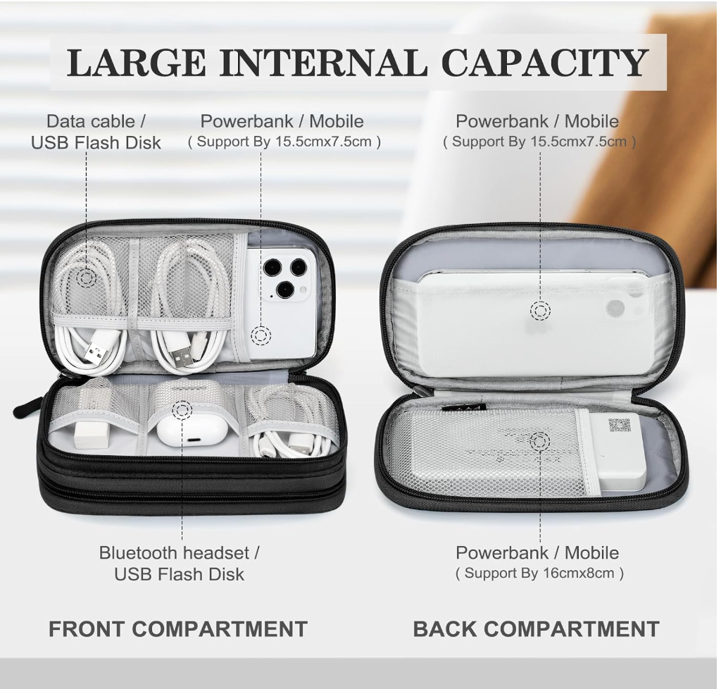 An open black zippered travel power bank case shown front and back on a white background, with text labels pointing out compartments and included accessories such as a data cable, USB flash disk, and powerbank/mobile. The image emphasizes large internal capacity.