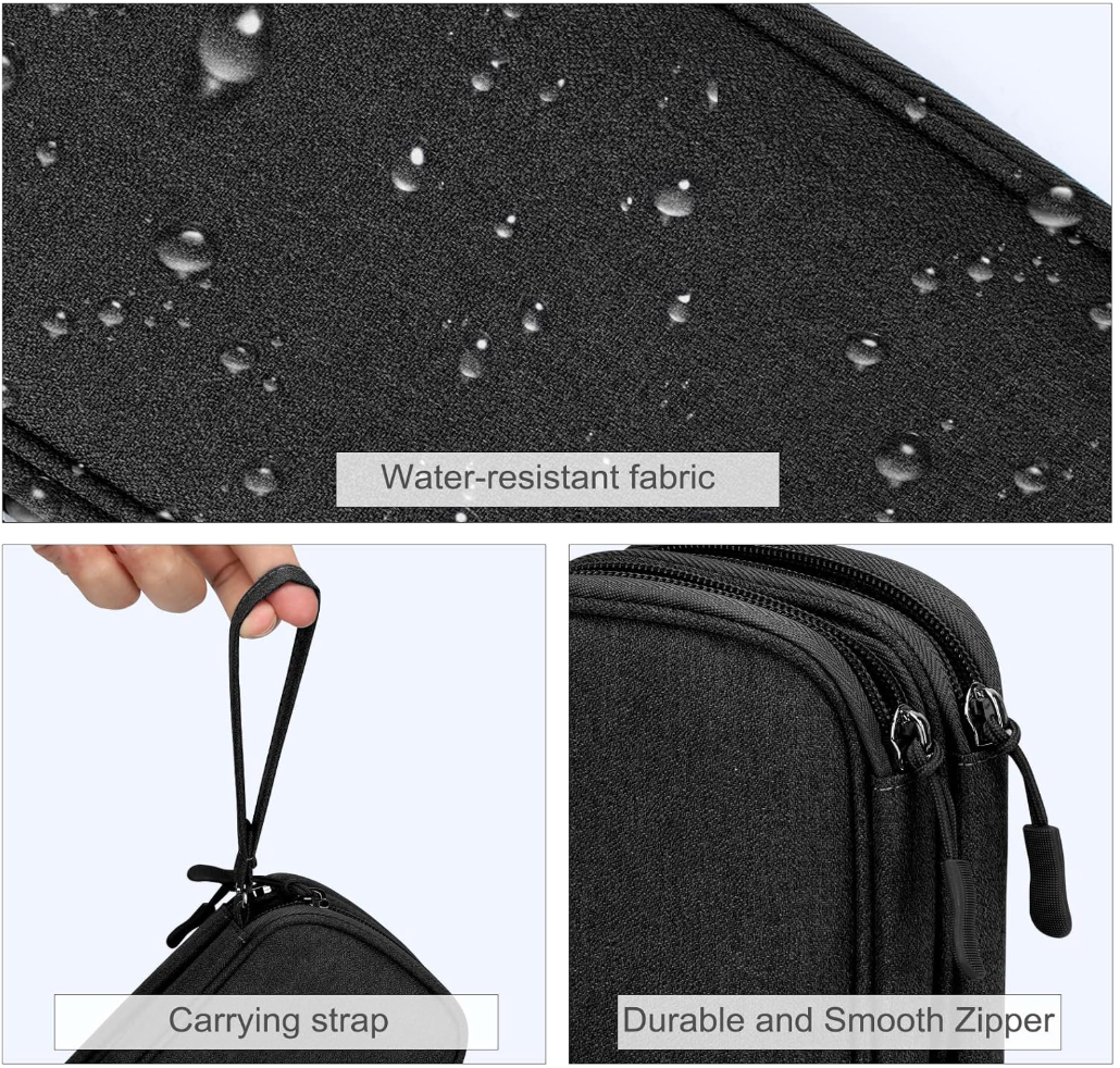 Three-panel product feature graphic showing a black bag: a close-up of water droplets on the water-resistant fabric, a hand holding the carrying strap, and a close-up of the durable smooth zipper.