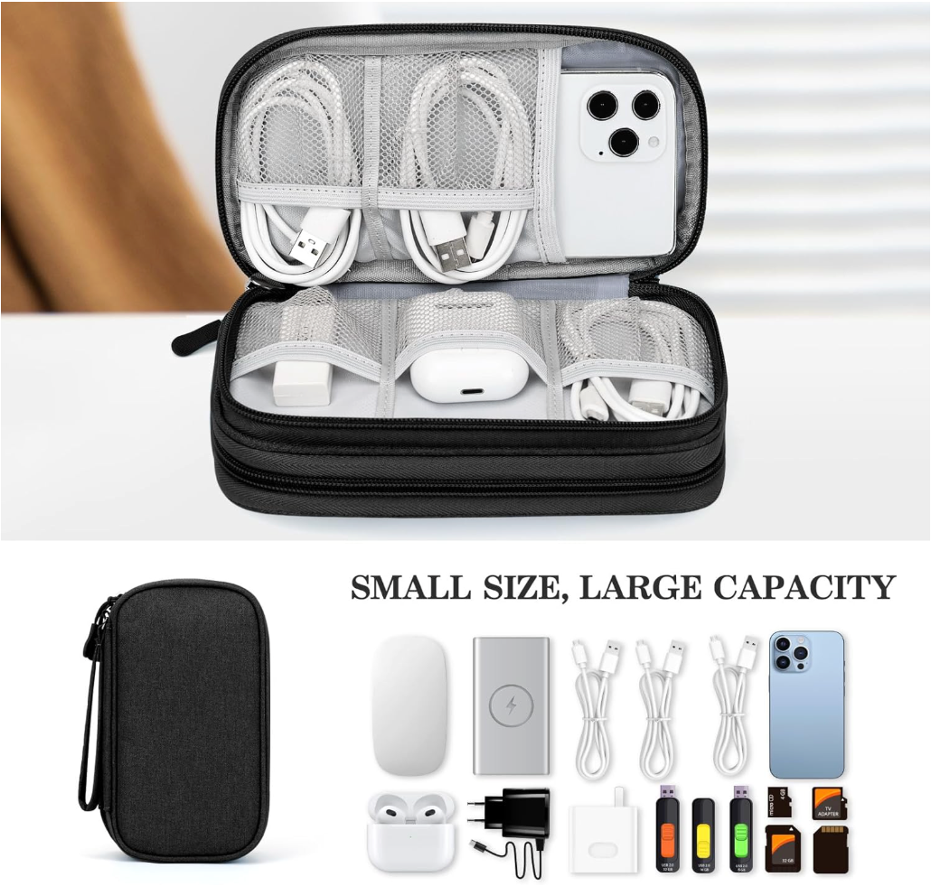 A black mesh organizer case shown open and closed on a light background, filled with cables, a phone, earbuds case, and other small accessories. Text below reads 'SMALL SIZE, LARGE CAPACITY' with additional accessory icons.
