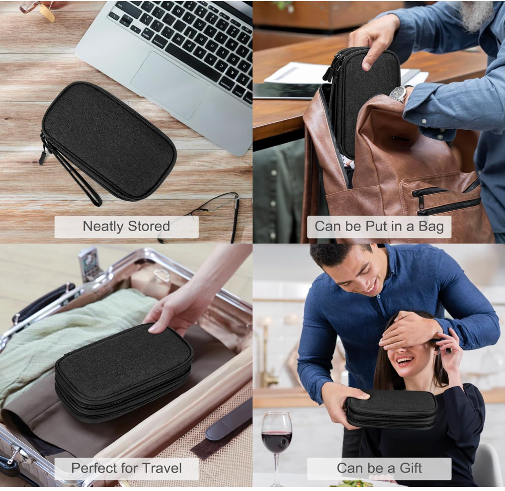 A four-panel collage showing a black zippered travel case in use: neatly stored on a desk, tucked into a brown backpack, placed inside an open suitcase, and held as a gift. Text labels read 'Neatly Stored,' 'Can be Put in a Bag,' 'Perfect for Travel,' and 'Can be a Gift.