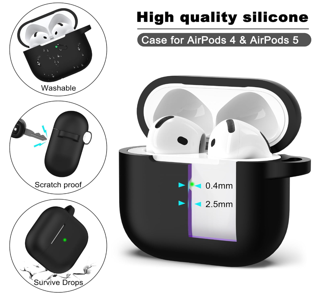 Black Silicone Case for AirPods 4 & AirPods 5 with Cleaning Kit