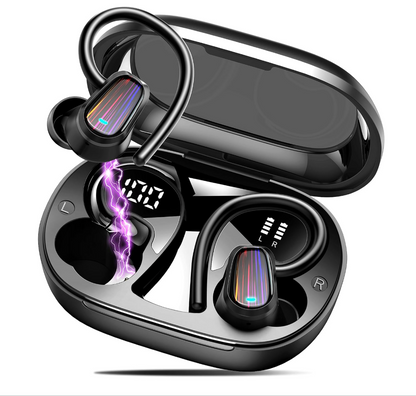 Black wireless earbuds with a glossy finish inside an open matching charging case, shown on a clean white background. The earbuds have colorful LED light accents, and the case has a digital display showing '00'.