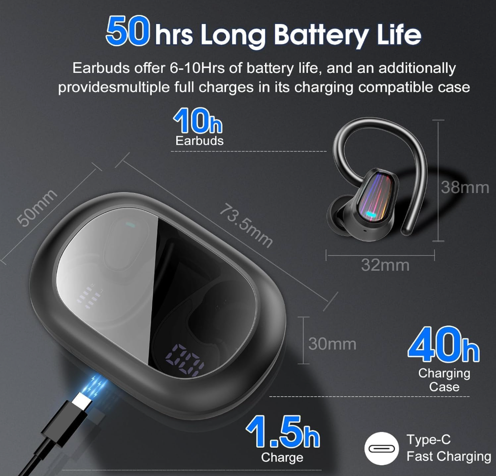 Wireless Earbuds with Ear Hooks, Bluetooth 5.4, 50-Hour Battery & IP7 Water Resistance