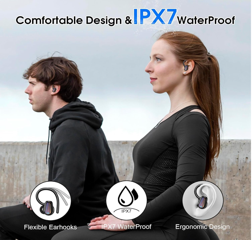Wireless Earbuds with Ear Hooks, Bluetooth 5.4, 50-Hour Battery & IP7 Water Resistance