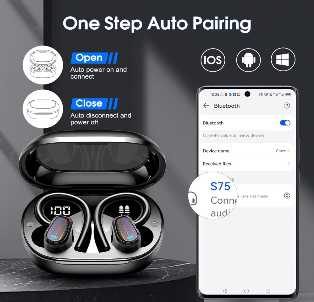 Wireless Earbuds with Ear Hooks, Bluetooth 5.4, 50-Hour Battery & IP7 Water Resistance